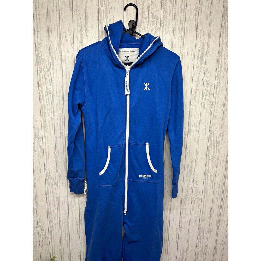OnePiece Womens Size S Blue Hooded Zip Front Fleece Jumpsuit Pockets
